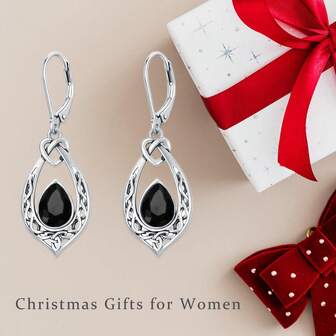 一对凯尔特结吊坠耳环，925纯银氧化复古垂坠耳环，镶嵌6*8毫米仿生日石水晶，女士生日礼物