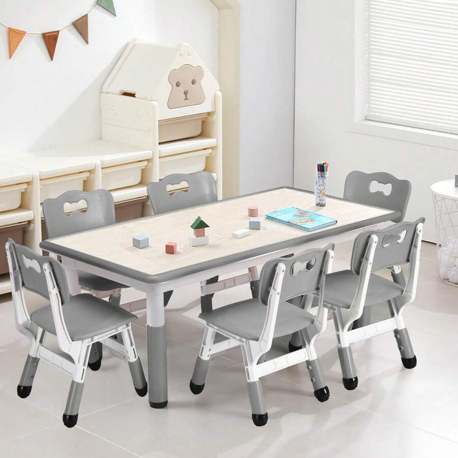 Conjunto de mesa y 6 sillas infantiles, mesa de manualidades y arte ajustable en altura con superficie decorada con grafitis, patas antideslizantes, ideal para niños de 2 a 10 años, mesa multiusos para aulas, guarderías y uso doméstico. - Gris - Ver 1