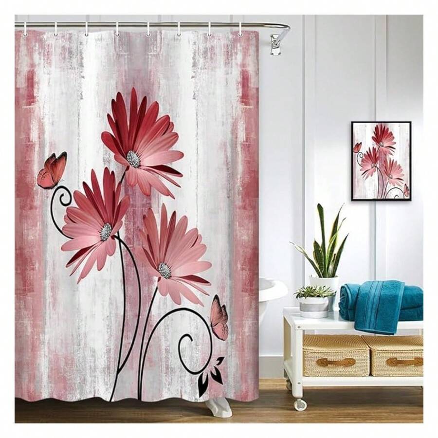Rustic Farmhouse Shower Curtain, Farm Red Daisy Floral Flowers And Butterfly, Light Burgundy Gray Shower Curtain With 12PCS Hooks, 48X70IN - 多色561 - 查看 1