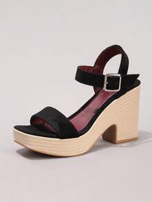 厚底坡跟凉鞋，度假休闲优雅高跟露趾厚底拖鞋，日常时尚麂皮鞋 - 黑色 - 查看 15