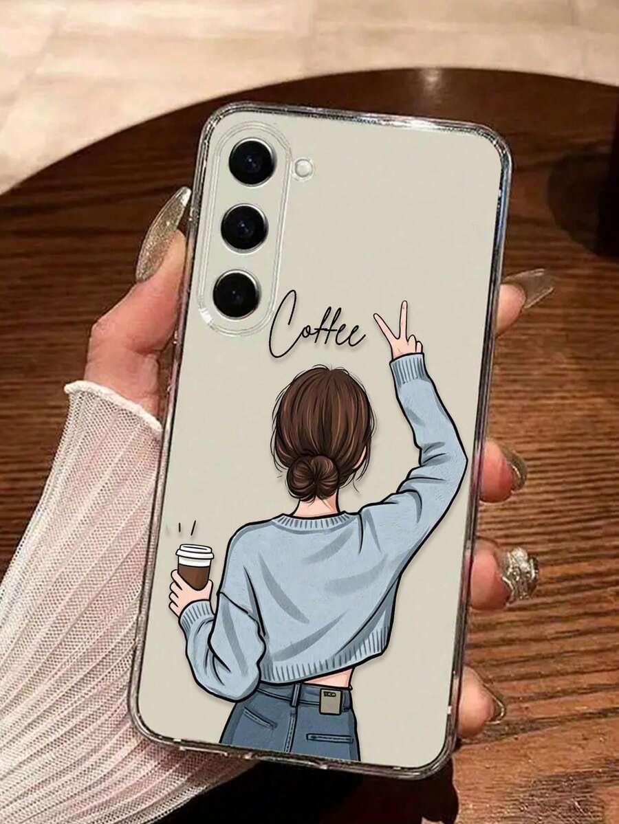 Funda para  con una chica de dibujos animados tomando café, apta para las series  16E/15/14/13/12/11/PRO/PLUS/PROMAX/MINI. Compatible con las series  S/A/M/NOTE,  S/G/EDGE/E, Honor 200/MAGIC/X, OPPO RNO/A/F,  14/Redmi/POCO/NOTE. Transparente, sencilla, elegante y duradera, fabricada con material TPU protector. Perfecta para San Valentín, Halloween, Navidad, Año Nuevo y todas las ocasiones festivas: una opción ideal para uso personal o para regalar. - transparente - Ver 1