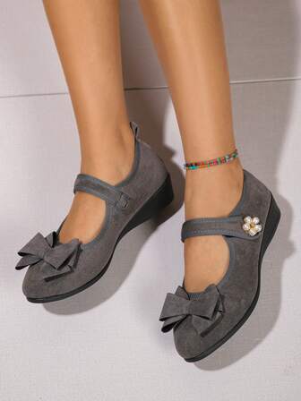 Zapatos planos casuales de mujer con puntera redonda y slip-on, con lazo y , zapatos elegantes con moño para exteriores, para primavera/otoño