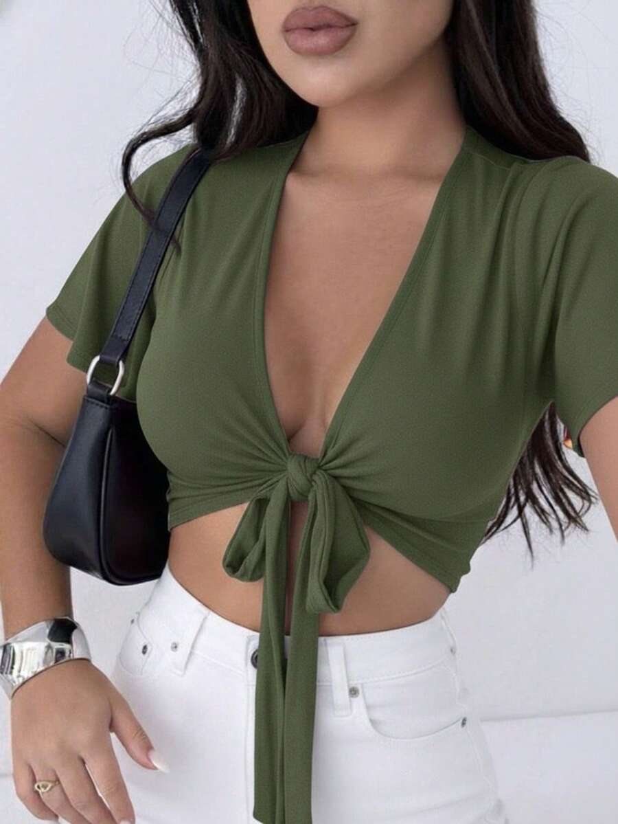 Multi-Shaped Cropped Sleeve Tie Comfortable Blogger - 軍綠色 - 查看 1