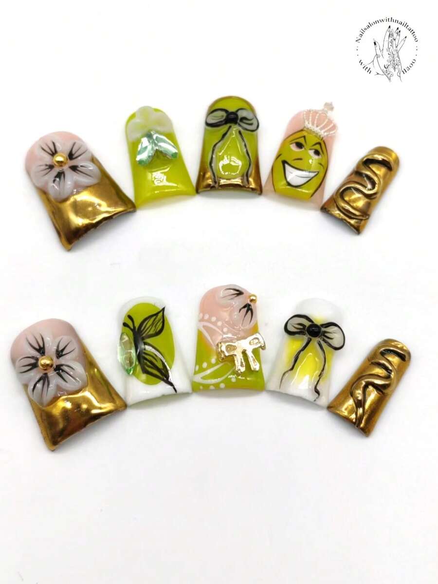 Bộ 10 miếng dán móng tay thủ công, dài 25mm, màu hồng và trắng, đầu mạ vàng, nền trắng hiệu ứng cổ điển, hoa trắng nổi, nhân vật hoạt hình vẽ tay đội vương miện, nơ trang trí, bướm vẽ tay trên đá đính. Thích hợp cho trang phục thường ngày và du lịch. Dụng cụ làm móng - Nhiều màu - Xem 1