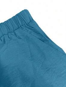 2 件休闲度假套装：纯色透气 Polo 领衬衫上衣 + 宽松腰部阔腿裤，舒适柔软面料，适合海滩、工作、通勤、日常穿着 - 寶藍色 - 查看 7