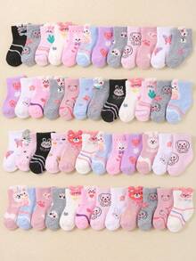 24 Pairs Baby Girls/Kids Socks With Colorful Rabbit, Bear, Butterfly,Heart Patterns, Soft Comfortable Breathable Mid-Calf Socks, Casual Versatile Student Sports Socks, Random Style And Color For Back To School & Daily Wear,Holiday Party