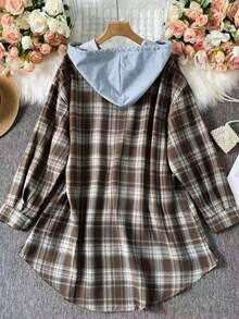 Plus Size Women Plaid Patchwork Drawstring Front Button Hooded Long Sleeve Shirt - Brown - View 4