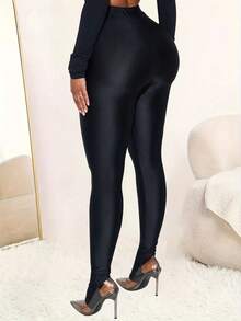 Trioutop 女士休闲纯黑色高弹力打底裤 春季款 - 黑色 - 查看 4