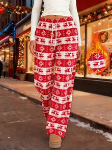 Quần ngủ lông cừu mềm mại cho nữ, thiết kế tối giản, ấm áp và thoải mái cho mùa thu/đông - Đỏ và trắng - Xem 7