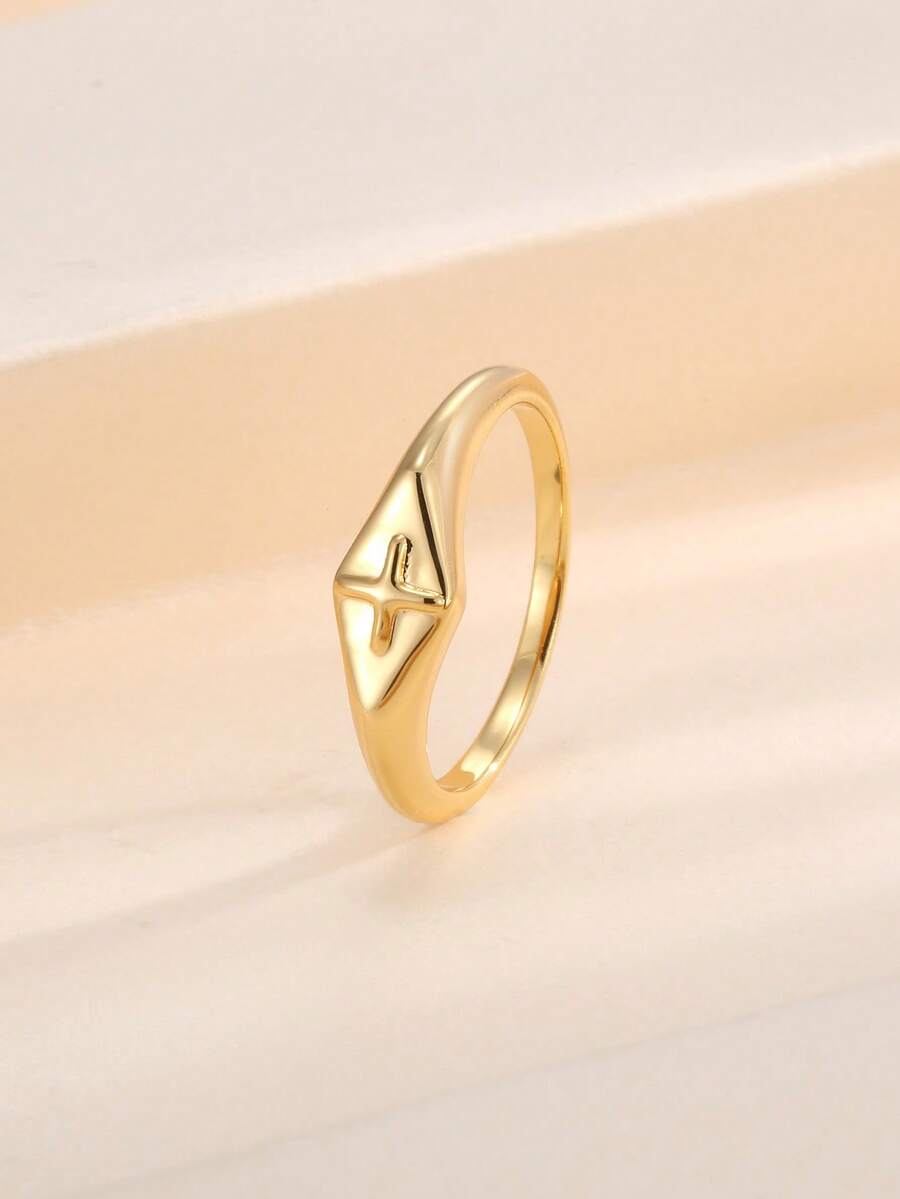 Charm-In 1 buc Inel de calitate pentru femei, model minimalist, din alamă placată cu aur de 18K, cu cruce și faze lunare, mai multe mărimi, cadou de Ziua Îndrăgostiților și de Ziua Mamei - Aur - Vizualizare 1