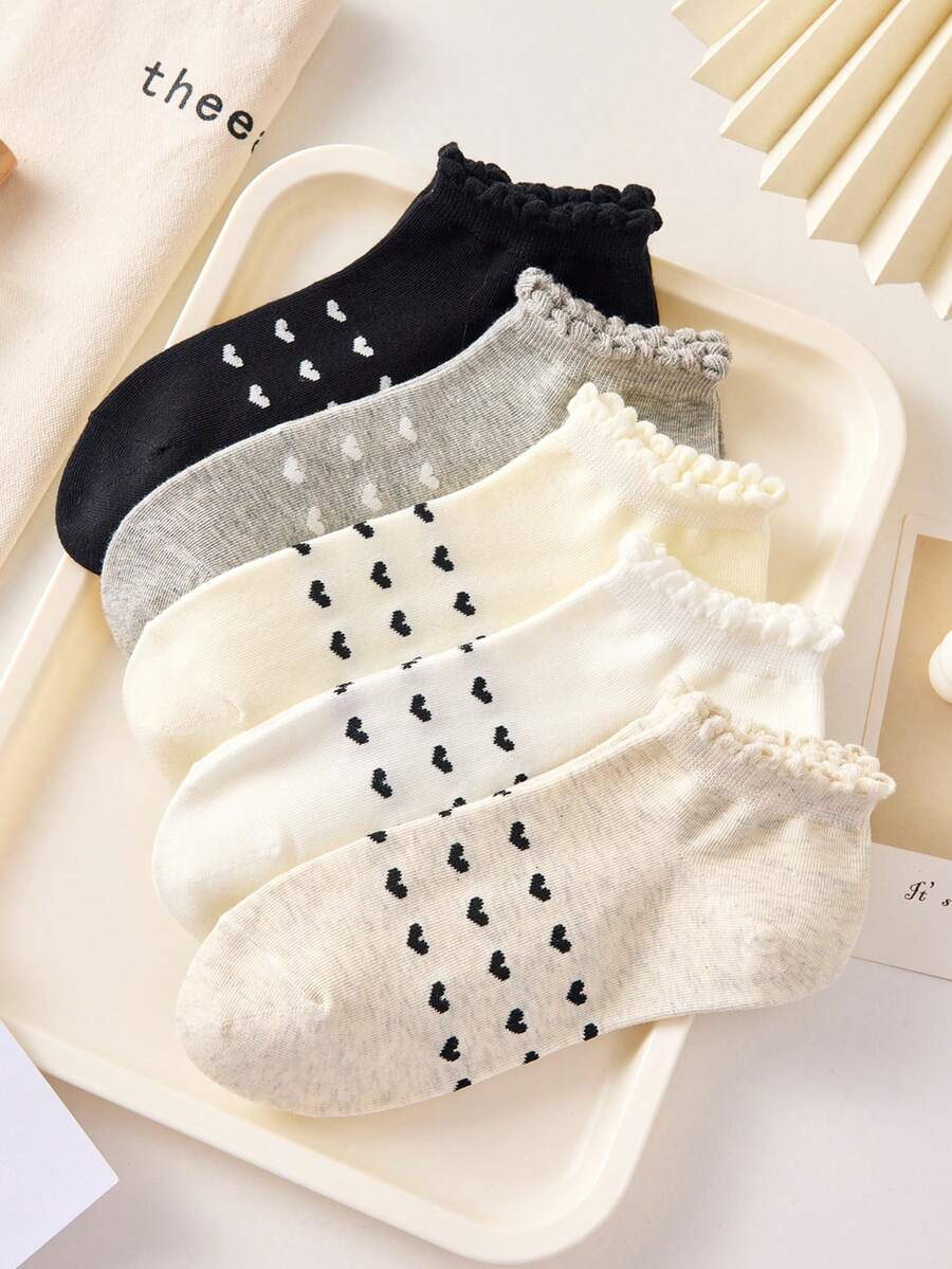 5双装女士可爱爱心图案简约短袜/船袜,荷叶边装饰,女童袜,时尚ins风舒适白袜,颜色随机,四季皆宜,春夏秋冬 - 彩色 - 查看 1