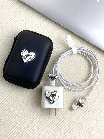 6pcs 3d Heart Shaped Charger Protector + Cable Organizer Set For Charger And Data Cable