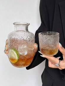 2pcs Vintage Floral Embossed Juice Drink Glass Cup, Creative Design Glassware Set Includes Teapot And Cup, Suitable For Coffee, Tea, Fruit Juice
