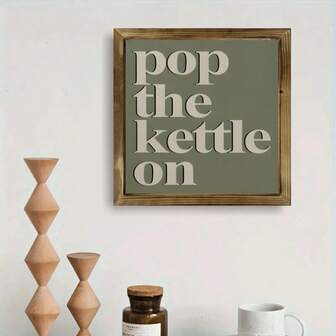 1件“Pop The Kettle On”复古木质墙饰牌 - 8英寸x8英寸，人造木咖啡店和酒吧装饰，送给爱茶人士的礼物，家居厨房餐厅装饰，乡村风格酒吧装饰，精心制作的复古装饰