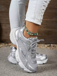 Giày thể thao đế dày bằng da mềm mới mùa xuân/hè 2024, giày chạy bộ lưới thoáng khí cho nữ, giày thể thao thường ngày - Bạc - Xem 3