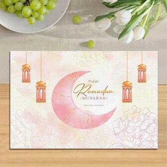 1/4/6 Pcs Set, Ramadan Series, Eid Mubarak, Ramadan Holiday Decor Colorful Lanterns, Crescent Moon With Gold/Silver Star Pattern Polyester Linen Placemats, Ramadan/Eid Mubarak Table Mats, Pot Holders, Kitchen Decor Placemats, Western Dining Table Mats, Tabletop Decor