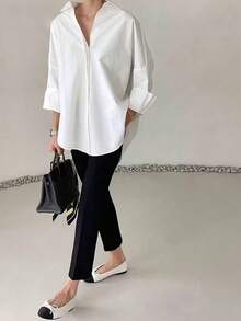 纯色 Polo 领休闲宽松衬衫，前短后长下摆设计，时尚百搭简约衬衫，女装 - 白色 - 查看 6