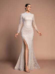 高领串珠长袖鱼尾礼服 - 闪亮正式晚礼服，适合婚礼、盛大晚宴、红毯、新年、圣诞节等场合 | 修身及地亮片连衣裙，侧开衩 | 优雅舞会及派对礼服 - 香檳色 - 查看 8