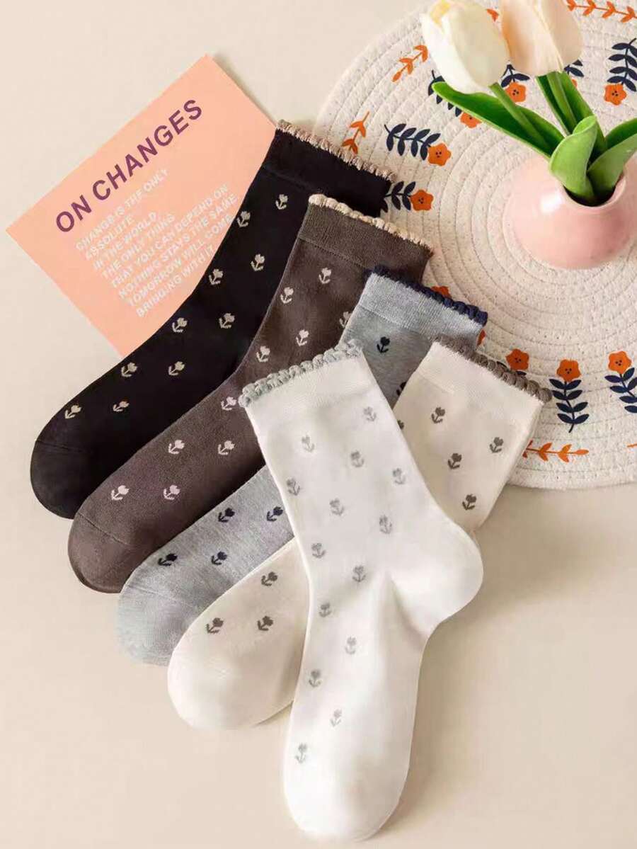 3 Pairs Random Floral Lace Cotton Mid-Calf Socks For Women, Retro Maillard Cuff Crew Socks, Spring & Autumn - Multicolor - View 1