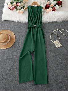 女士梭织面料腰带口袋连体裤，适合度假、日常穿着、生日派对、返校派对、单身派对、旅行、夏季等场合，尽显优雅气质。 - 墨綠色 - 查看 5