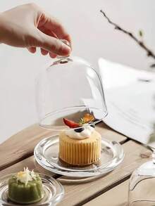 1 pieza Plato de postre de vidrio transparente con tapa antipolvo, adecuado para pasteles, frutas, panes - transparente - Ver 8