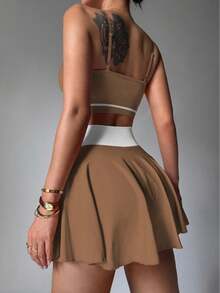 Women's Sports Suit With Vest And Skirt, Suitable For Sporty Casual - Màu Khaki - Xem 3