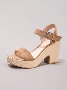 厚底凉鞋，休闲度假露趾优雅高跟鞋，防水坡跟拖鞋，日常时尚麂皮女鞋 - 卡其色 - 查看 21