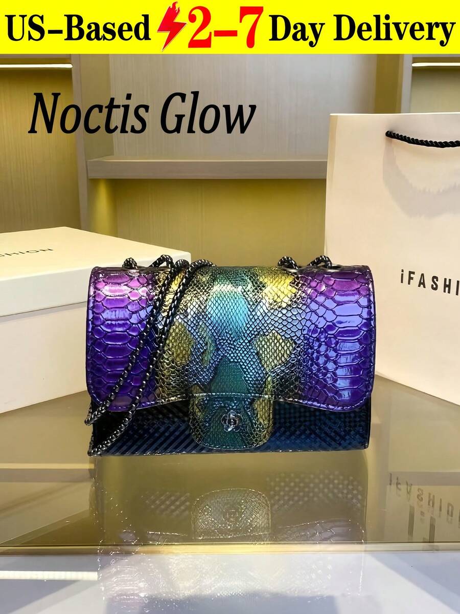 1pc Women's New Autumn/Winter Snake Skin Pattern Shoulder Bag, Gradient Color Crossbody Bag, Luxury Classic Handbag, Wallet Set Women's Fashion Python Scale Printed Shoulder Bag One-Shoulder Mobile Wallet Card Wallet-Porcelaine Print - 紫色 - 查看 1