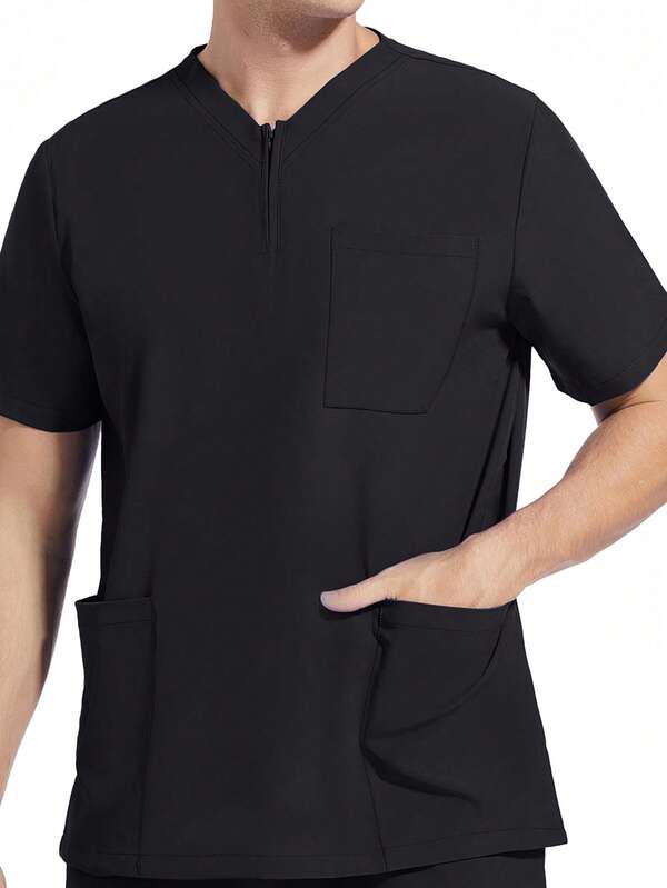 Uniforme de trabajo de manga corta elástico para hombres, bata de laboratorio, parte superior elástica y transpirable con bolsillos para salón de peluquería de mascotas