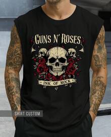 Oversized Tank Top Guns Caveira Ink Of Skull Flowers Banda Rock And Roll - 黑色 - 查看 2