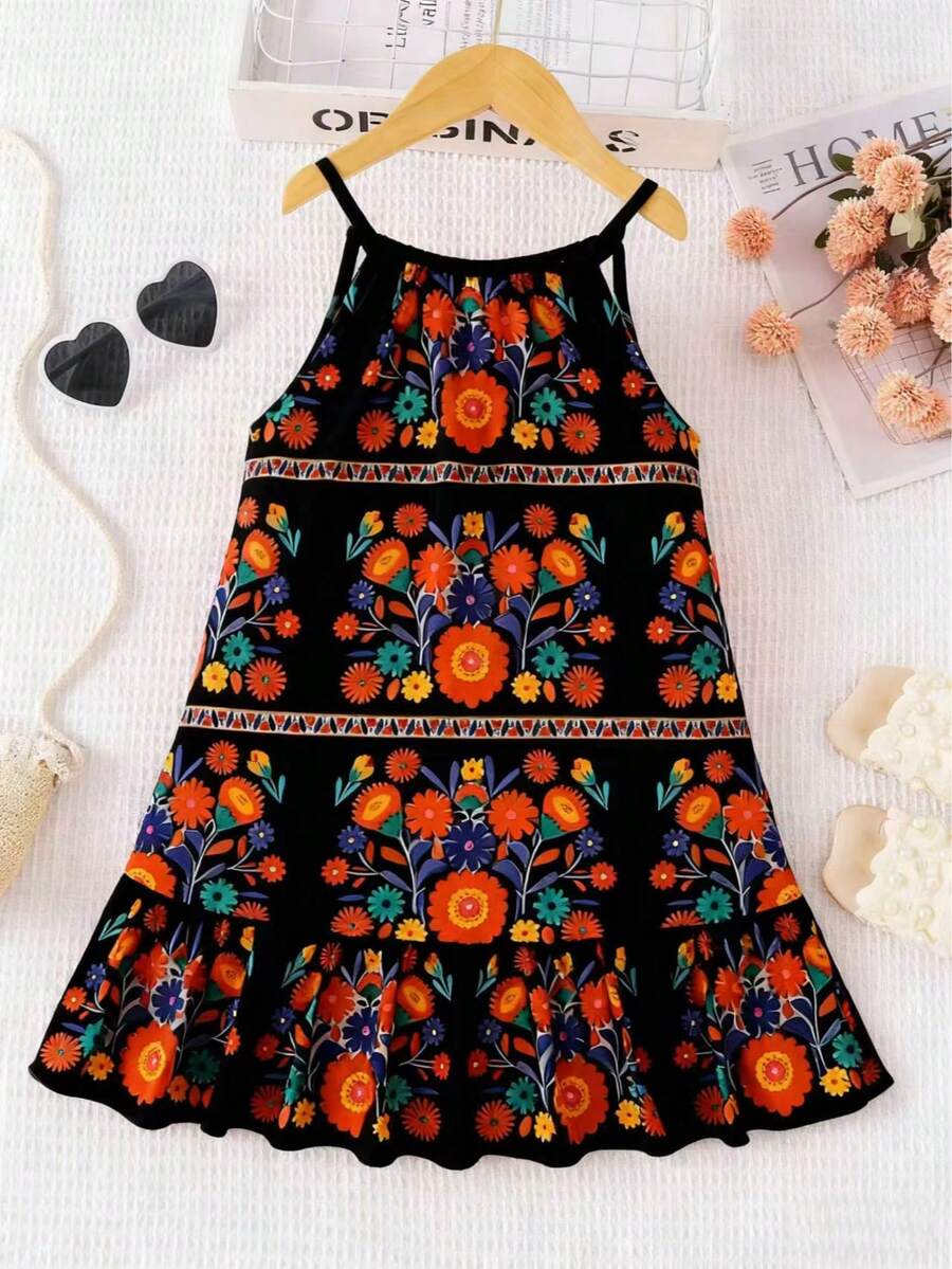 1pc Young Girls Casual Floral & Geometric Print All-Over Dress, Outdoor Wear, Spring/Summer - Black - View 1