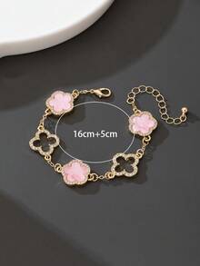 1pc Luxury Elegant Rhinestone Hollow Clover & Flower Charm Bracelet For Women (No Gift Box) - Pink - View 6