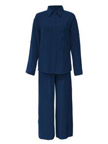 休闲开衫套装，搭配 Polo 领衬衫和松紧腰宽松裤，优雅百搭，适合度假、通勤、日常生活，面料柔软，春夏秋 - 藍色 - 查看 4