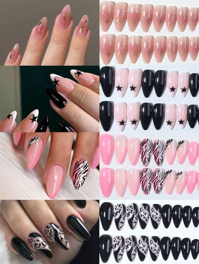 96pcs/Box (4mixed ) Almond Nail , Stars Glitter French Tip Press On Nails Short Acrylic Nail Tips Full Cover False Nail ,Contain 1pc Jelly Glue And 1pc Nail File, As For Suitable For Women And Girls Daily Life And Party Use