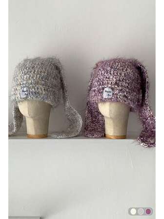Y2K Cute Long Ear Rabbit Hand-Knitted Beanie Hat, Soft & Warm, Retro Style, Fits All Seasons, Autumn/Winter, Colorful Rabbit Ear Knitted Hat, Warm Ear Protection Knit Cap