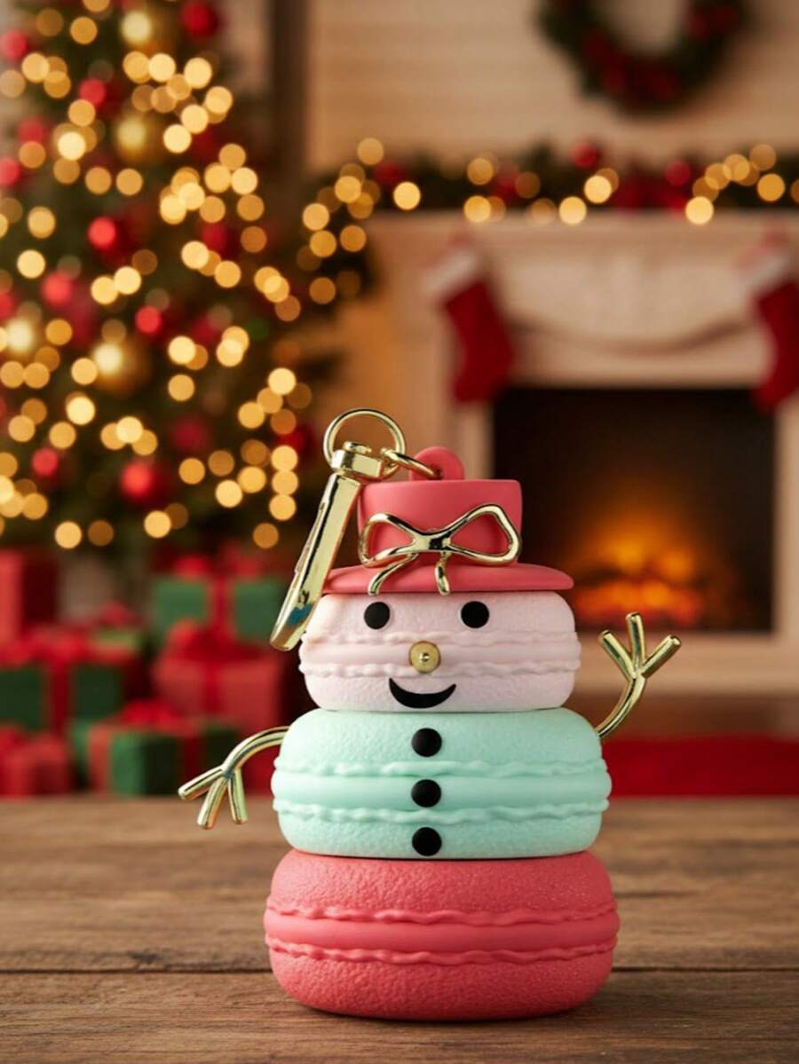 1 Navideño Encantador Silicona Llavero Porta Gel Navideño con Forma de Muñeco de Nieve de Macaron Llavero Gel Antibacterial Temático Niño Adulto - Rosa y Verde - Ver 1