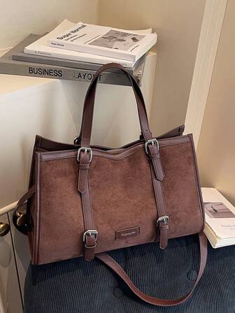 1pc Large Capacity Coffee Color Metal Buckle Decor Tote Bag, Handheld & Shoulder Strap, Magnetic Snap Closure, Suitable For Commute, Daily Use, Office, Shopping, All Season, New Women Tote Bag