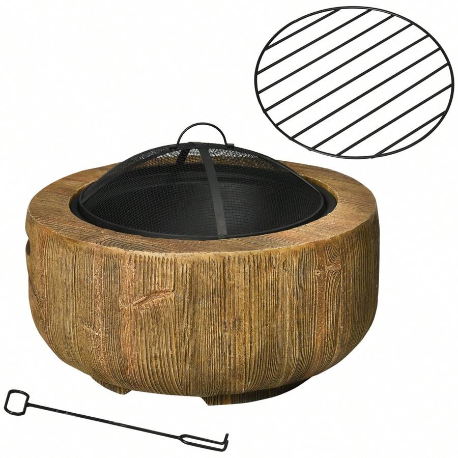 Outsunny Fire Pit With Lid And Hook In Log Design For Garden Camping Patio MgO Steel Brown On Site - 1 - View 1