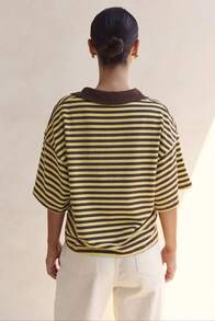 Womenacute;S Short Sleeve Collared Shirt Chocolate Brown Yellow Stripes 100 Percent Polyester Casual Tee - 黃色 - 查看 3