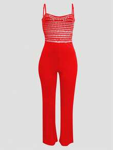 Tuta nera senza maniche da donna, elegante outfit da festa, decorata con paillettes e strass brillanti, realizzata in tessuto elastico, con spalline sottili con design di strass, tuta a gamba larga, abbigliamento sexy da festa - Rosso - Visualizzare 1