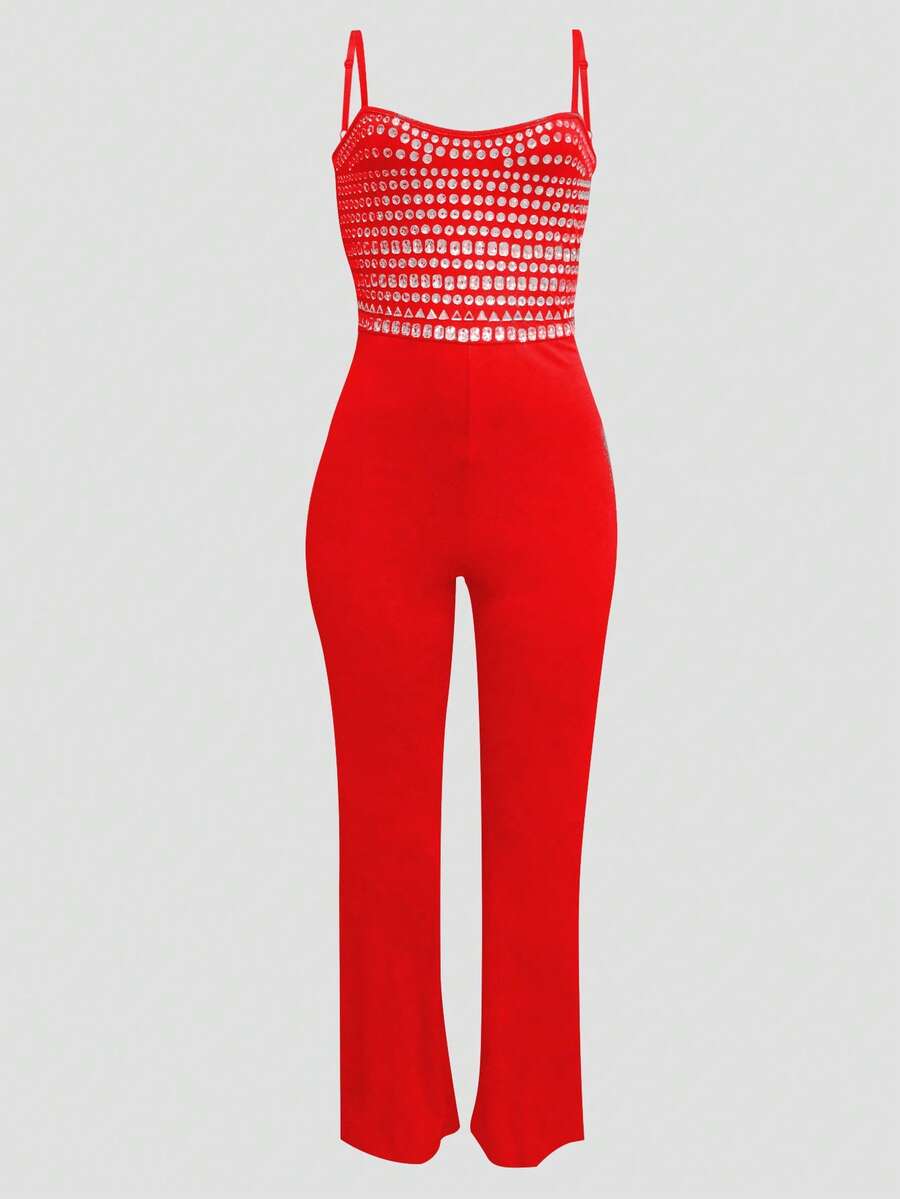Tuta nera senza maniche da donna, elegante outfit da festa, decorata con paillettes e strass brillanti, realizzata in tessuto elastico, con spalline sottili con design di strass, tuta a gamba larga, abbigliamento sexy da festa - Rosso - Visualizzare 1