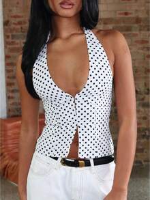 Women Polka Dots Tie Backless Halter Crop Top Deep V Neck Split Front Ruched Party Club Tank Tops - 白色 - 查看 2