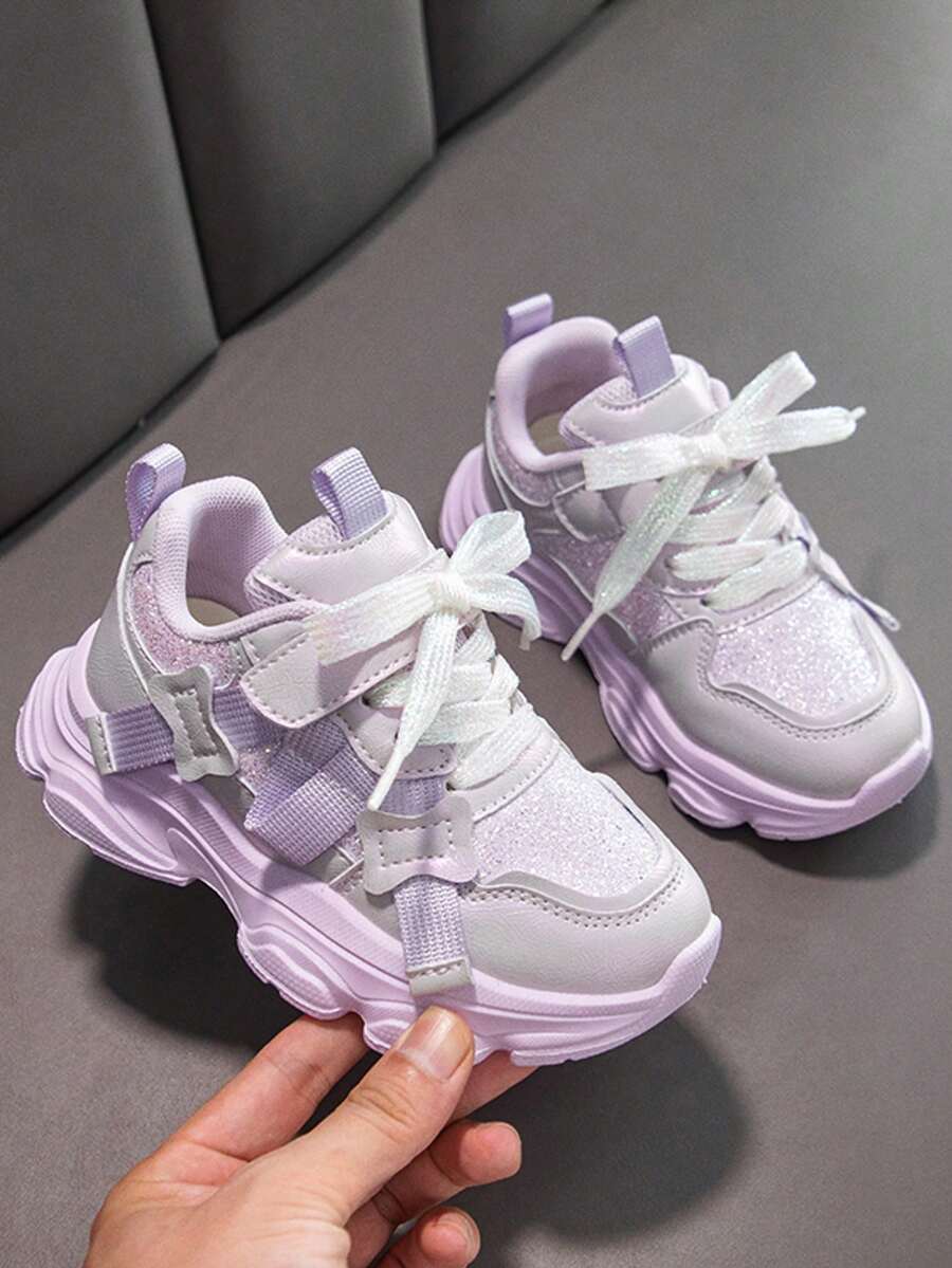 Kids' Sparkly Princess Style Breathable Non-Slip Durable Design Versatile Chunky Sneakers, Suitable For All Seasons - Purple - View 1