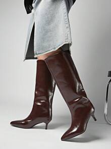 Fall/Winter 2025 Summer New Pointed Toe High Heel Thigh High Boots, Button Patchwork Reversible Design For Women,Kitten Heels - Burgundy - View 7