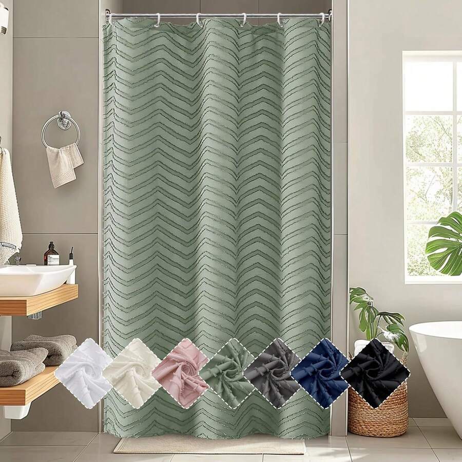 Sage Green Boho Shower Curtain For Bathroom, Modern Farmhouse Textured Tufted Stripeinimalist Bathroom Shower Curtain, Protect Privacy Soft Touching Cloth, 36Wx72L Inches,27462523 - Sage Green - 查看 1