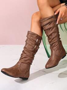 Plissierte PU-Material Damen Mode Stiefel, Herbst/Winter Neudesign, minimalistischer Seitendekoration, geeignet für den täglichen Gebrauch, Retro - Hellbraun - Übersicht 4