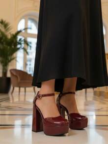 Zapatillas altas para mujer, tacón alto ancho, cerradas, con correa tobillo, punta redonda, para eventos, fiestas, bodas, cómodas, hebilla redonda. Primavera-Verano - Vino - Ver 8
