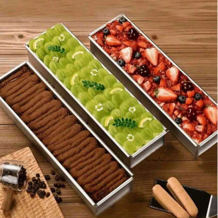 优质铝制提拉米苏和芝士蛋糕烤盘 - 矩形，配有可拆卸隔板，底座稳定，适合制作完美的慕斯蛋糕 - 耐用的厨房必备品，手工制作，可拆卸扣环，可拆卸挡板 - 銀色 - 查看 1