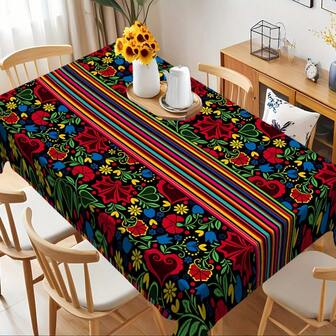 1pc Polish Vibrant Folk Floral & Striped Tablecloth, Polyester Rectangular Dining Table Cover, Suitable For Daily Home Gatherings, Holidays, Parties, Restaurants, Cafes, Colorful Outdoor Wedding Events, Indoor & Outdoor Use