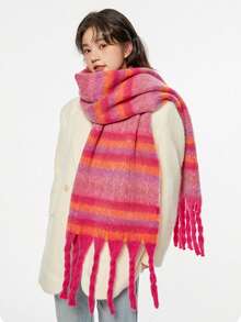 1pc Striped Scarf For Women, Thick & Warm Dual-Use Shawl/Neck Warmer, Autumn/Winter - Multicolor - View 12